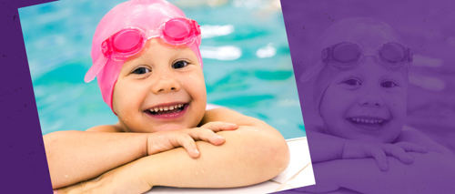 A photograph of a child leaning on the edge of a swimming pool