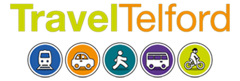 Logo for "Travel Telford" featuring the word "Travel" in lime green and "Telford" in orange. Underneath are five circular icons: a blue train icon, an orange car icon, a green pedestrian icon, a purple bus icon, and a yellow-green bicycle icon.
